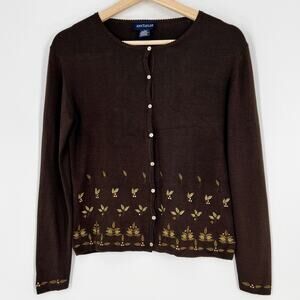 Vtg 90s Ann Taylor Silk Knit Cardigan Womens Small Brown Embroidered Green Leaf